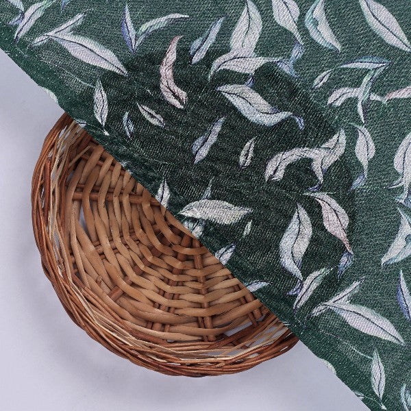 Green Tusser Silk Leaf Print Fabric - Image 3