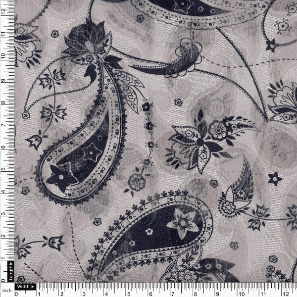 Grey and Navy Blue Paisley Pattern Brasso Fabric - Image 4