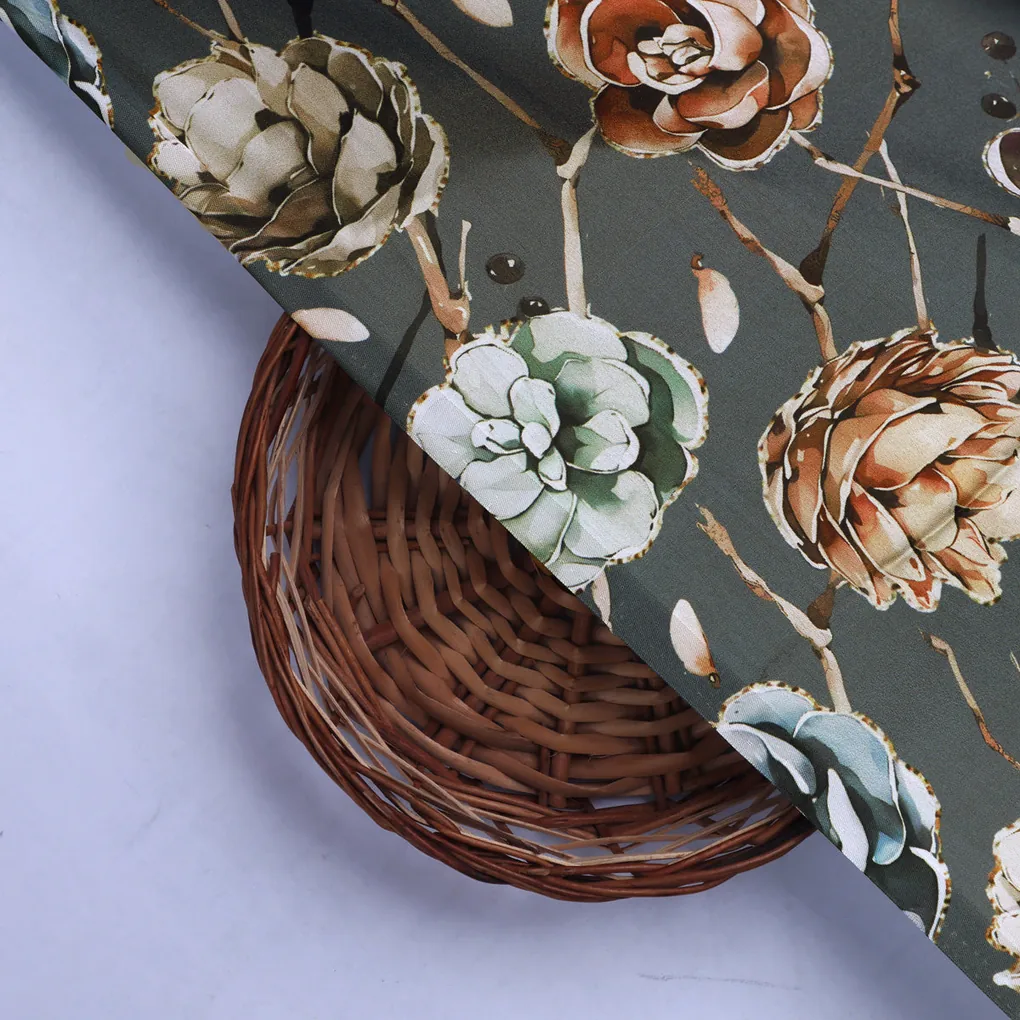 Grey Floral Print Satin Fabric - Image 2