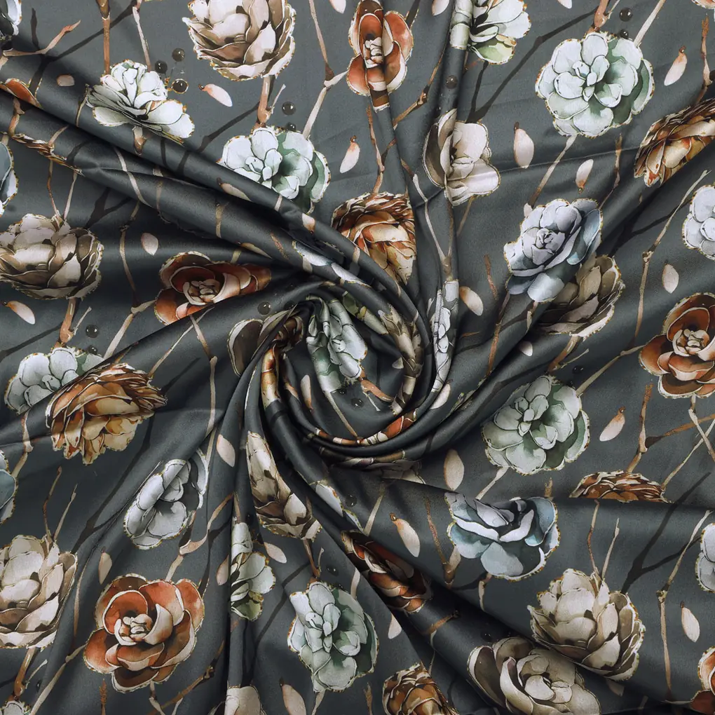 Grey Floral Print Satin Fabric - Image 3