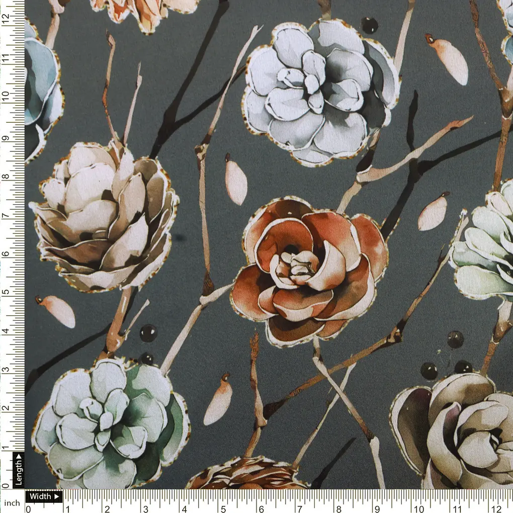 Grey Floral Print Satin Fabric - Image 4