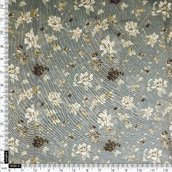 Grey Floral Tusser Silk Fabric - Image 4