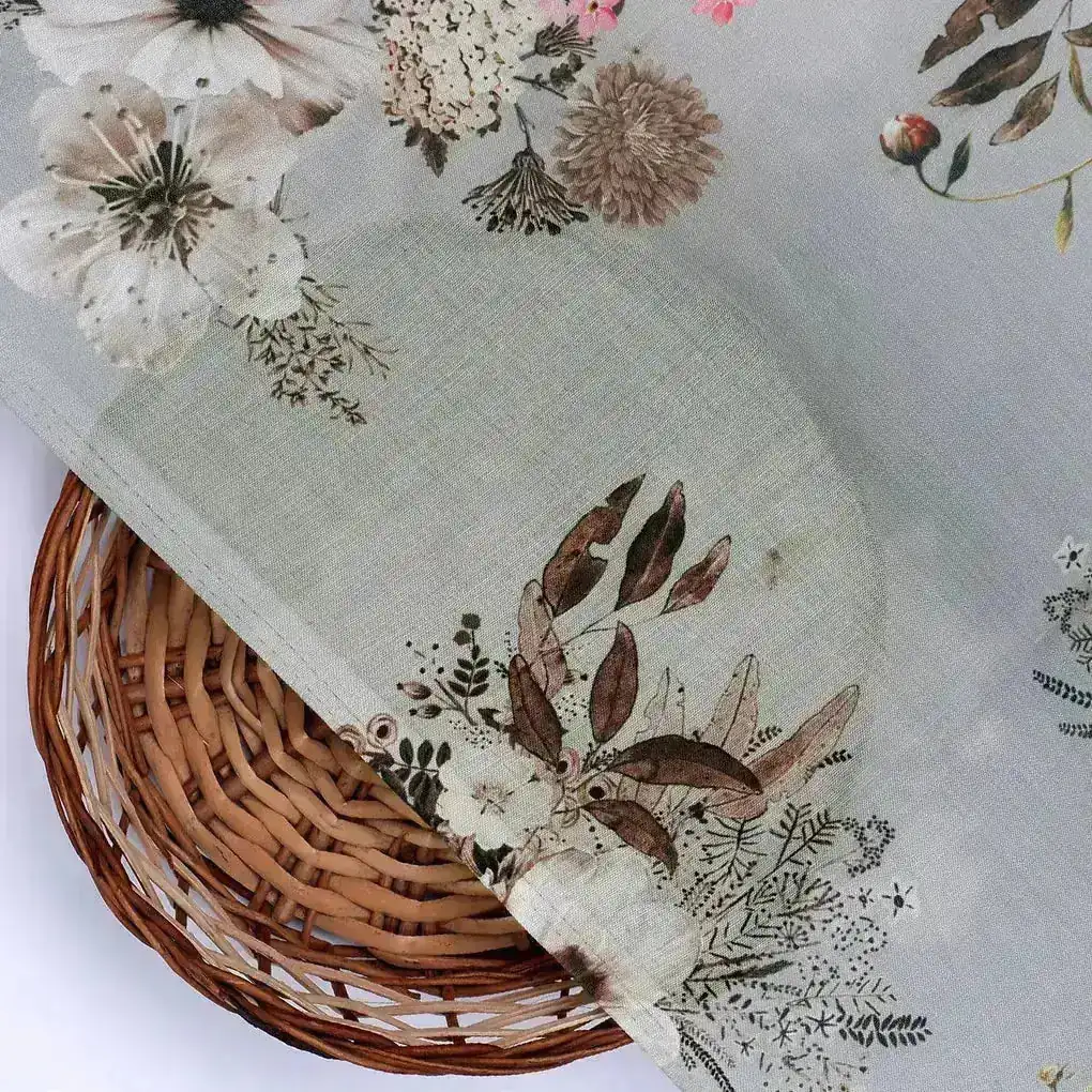 Grey Flower Digital Printed Kora Silk Fabric - Image 2