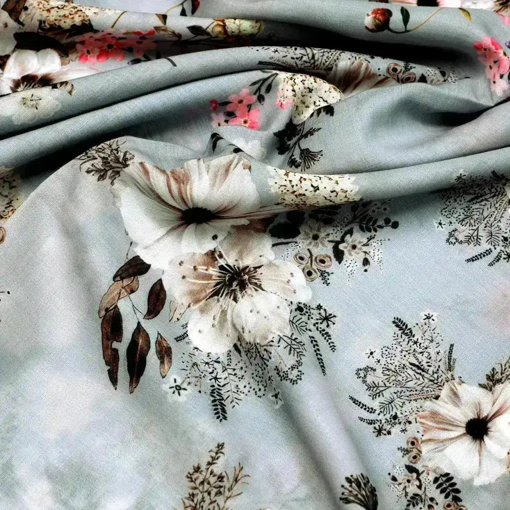 Grey Flower Digital Printed Kora Silk Fabric - Image 3