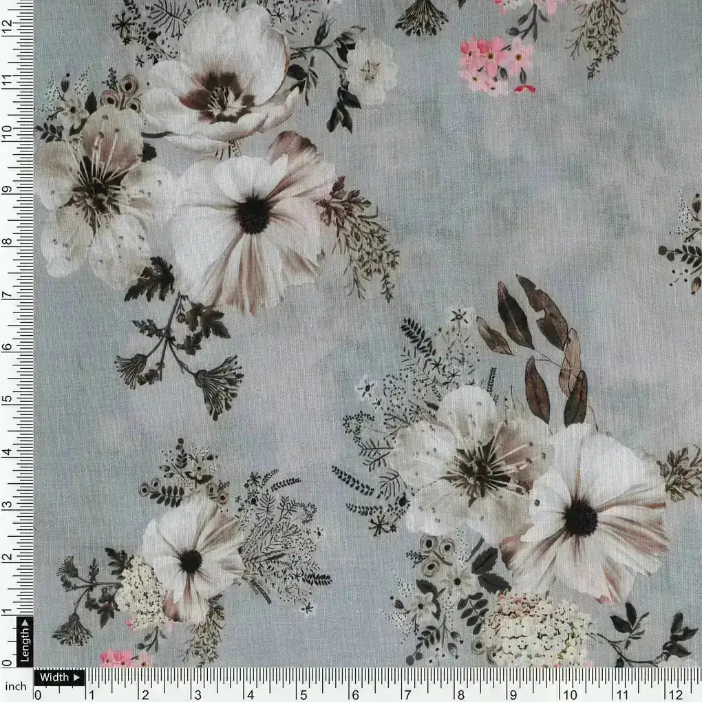 Grey Flower Digital Printed Kora Silk Fabric - Image 4
