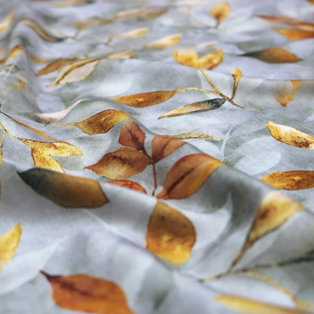 Grey & Golden Leaves Digital Printed Kora Silk Fabric - Image 3