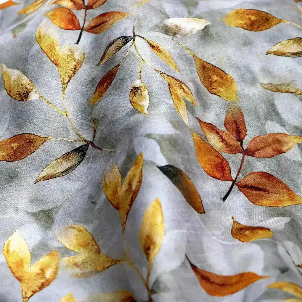 Grey & Golden Leaves Digital Printed Kora Silk Fabric - Image 4
