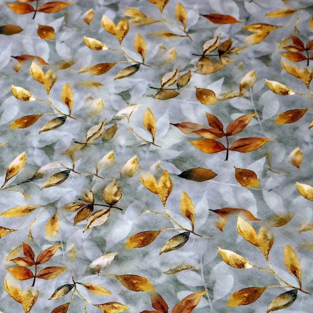 Grey & Golden Leaves Digital Printed Kora Silk Fabric - Image 5