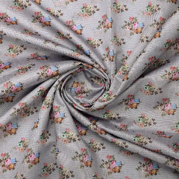 Grey Tusser Silk with Floral Bouquet Print - Image 2