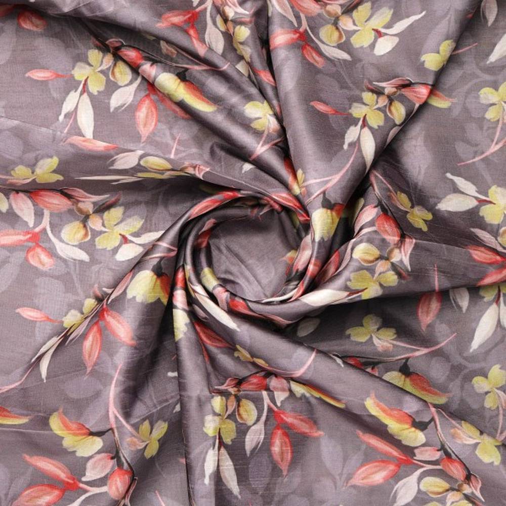 Grey & Yellow Floral Leaves Printed Dola Silk Fabric - Image 2