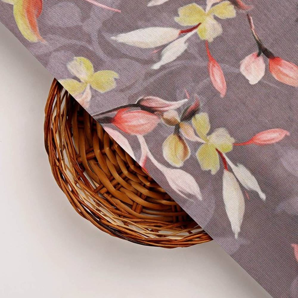 Grey & Yellow Floral Leaves Printed Dola Silk Fabric - Image 3
