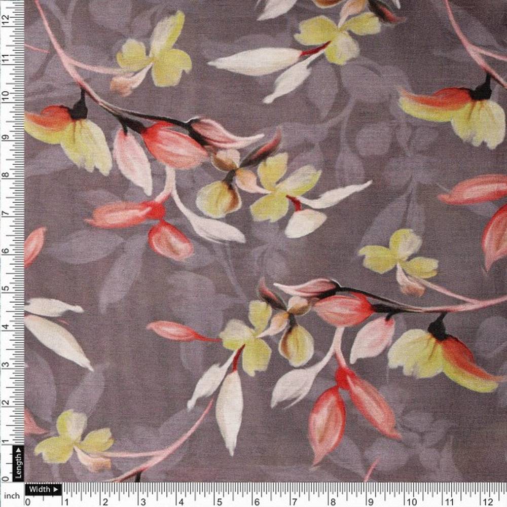 Grey & Yellow Floral Leaves Printed Dola Silk Fabric - Image 4