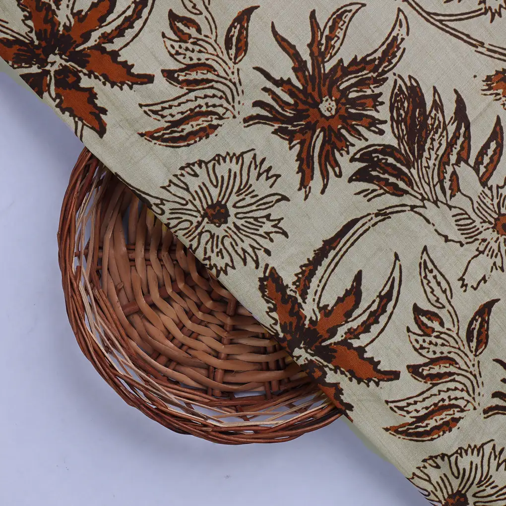 Hand Block Print Floral Muslin Fabric - Image 2