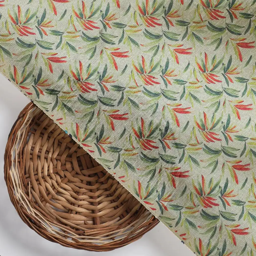 Hand Painted Leaves Allover Digital Printed Fabric  - Tusser Silk - Image 2