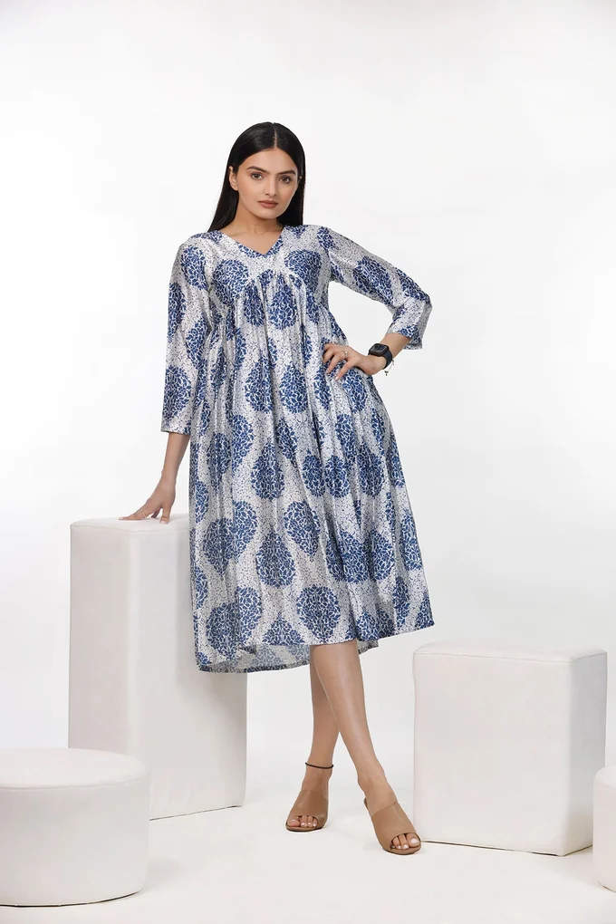 Indigo Leaf Motif Print Dress - Image 2