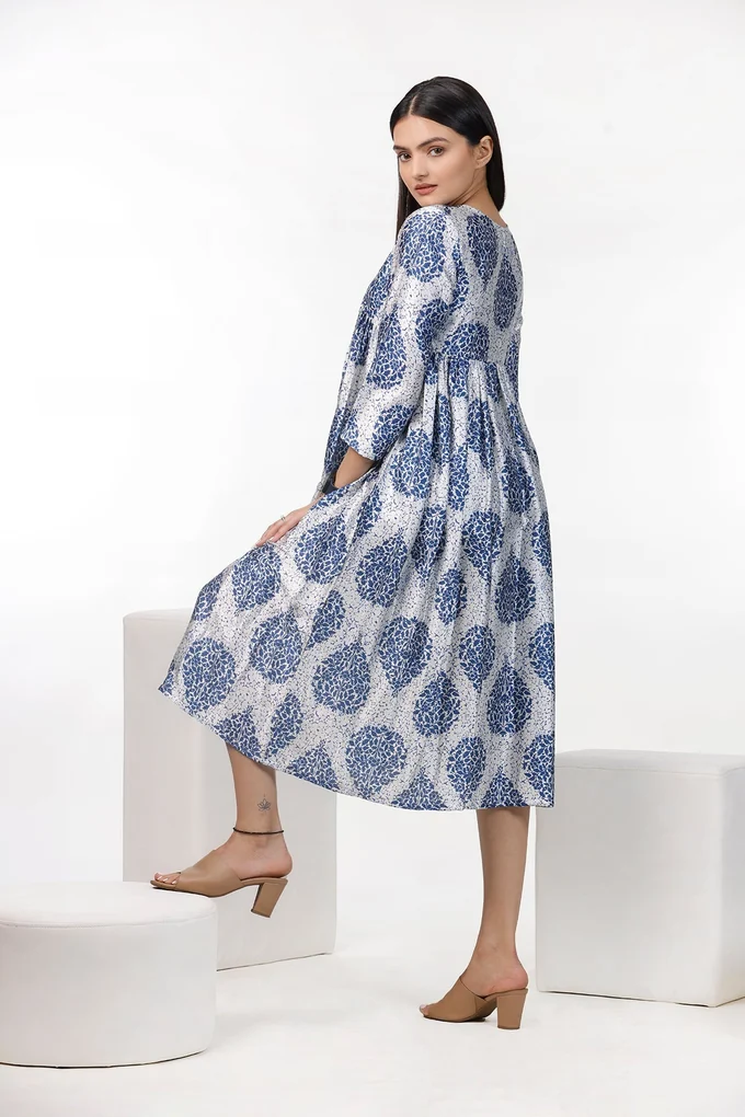 Indigo Leaf Motif Print Dress - Image 3