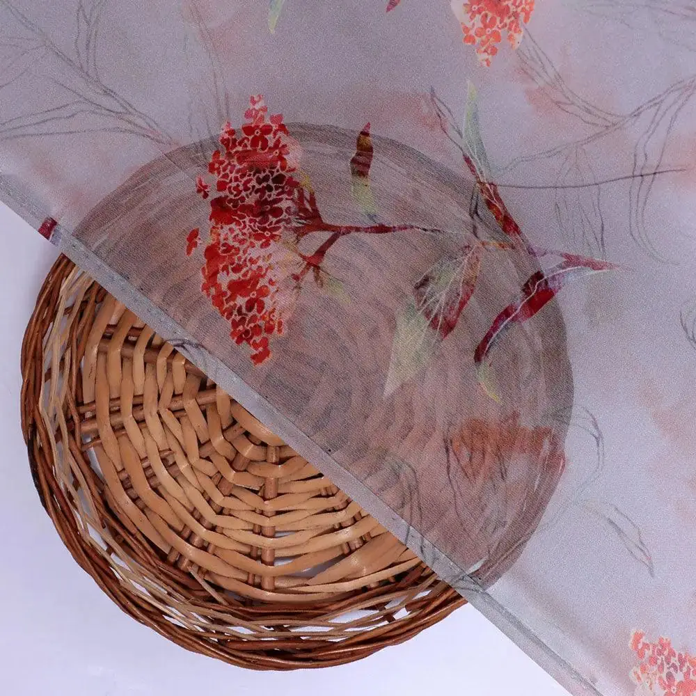 Ixora Flower With Leaves Digital Printed Fabric - Pure Georgette - Image 2