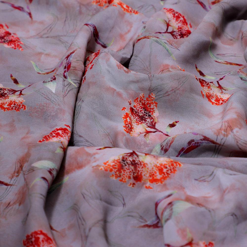 Ixora Flower With Leaves Digital Printed Fabric - Pure Georgette - Image 3
