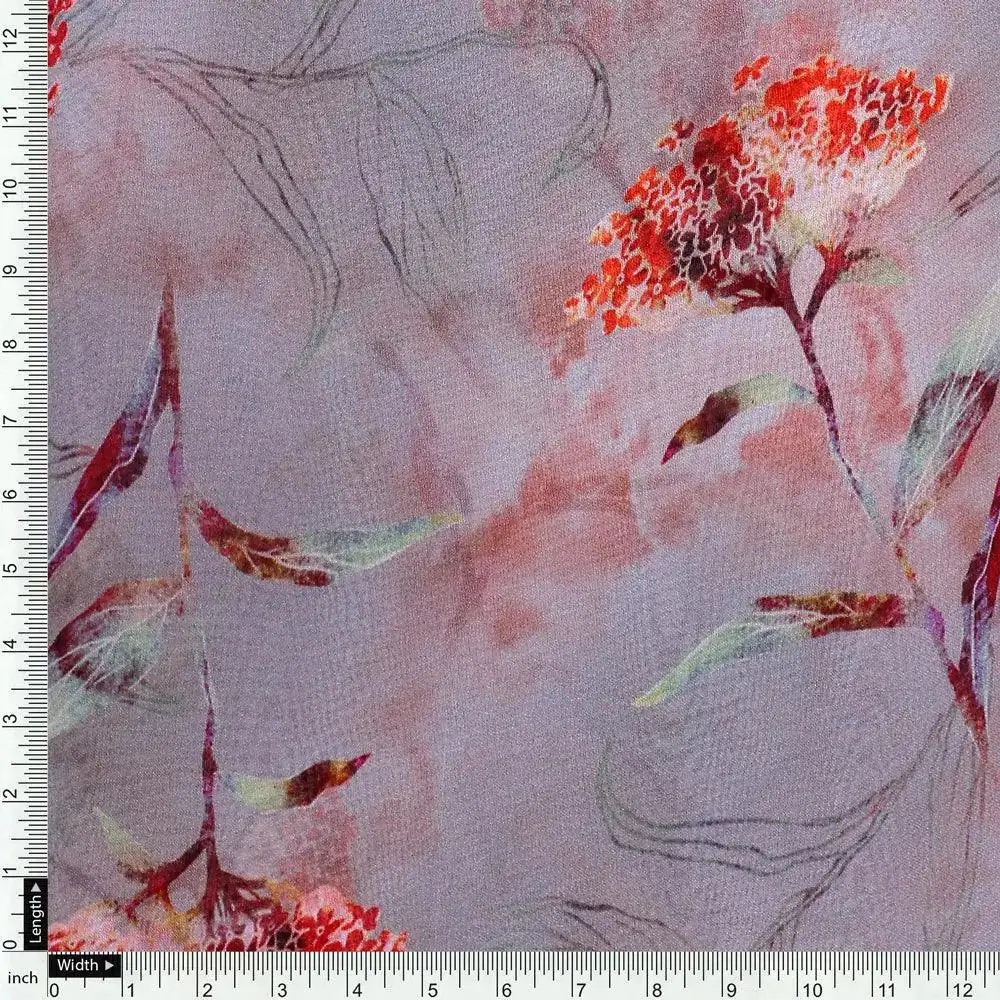Ixora Flower With Leaves Digital Printed Fabric - Pure Georgette - Image 4
