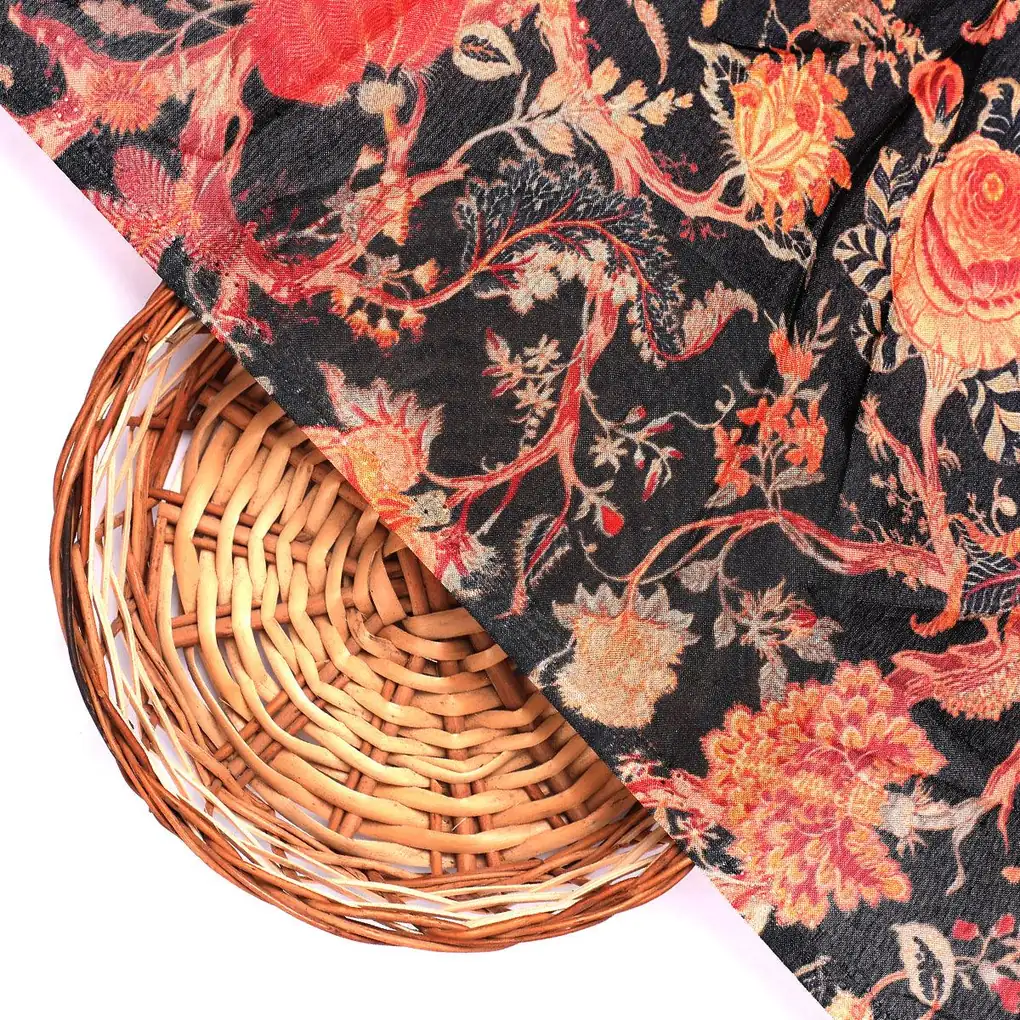 Japanese Chinoiserie Natural Digital Printed Fabric - Pure Muslin - Image 2