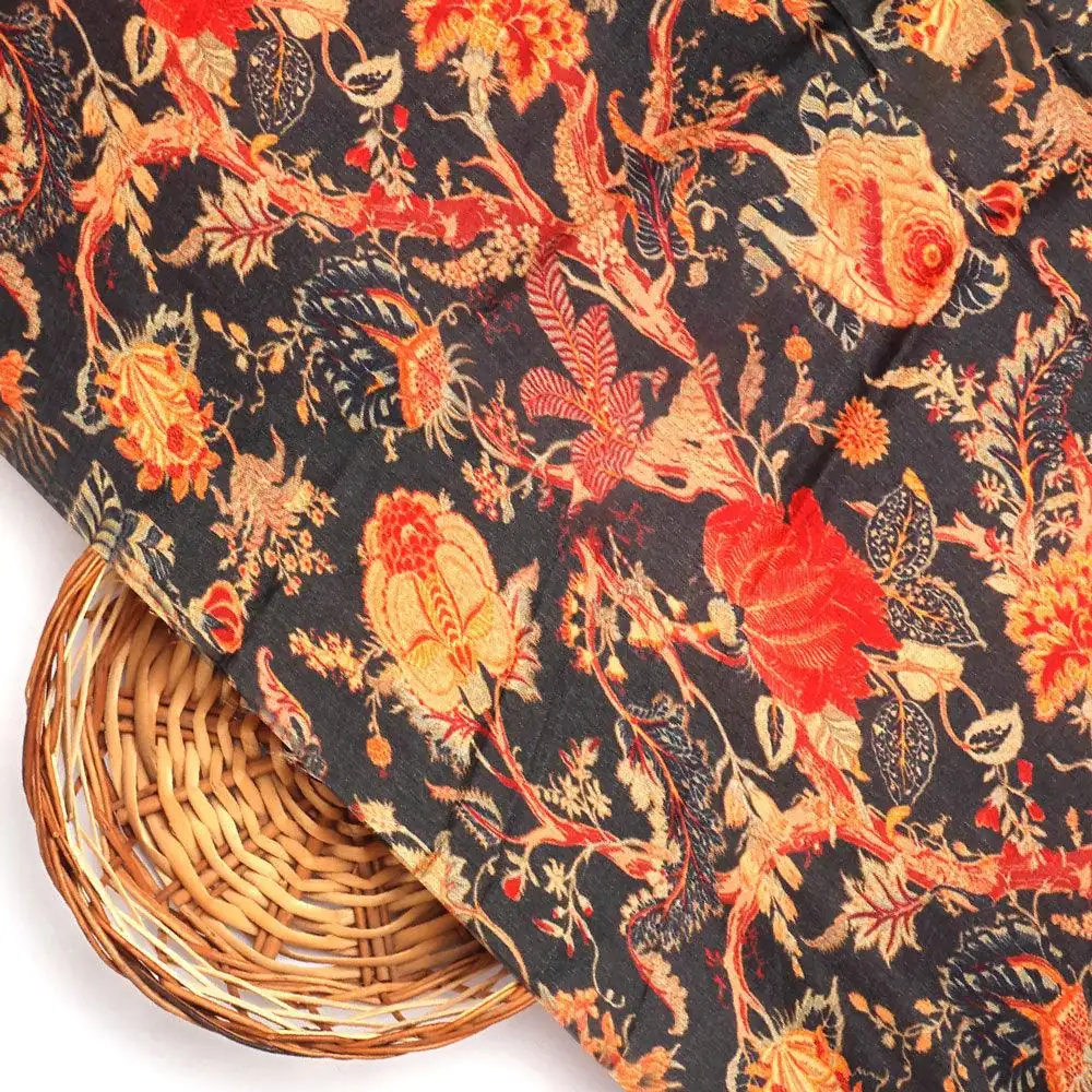 Japanese Chinoiserie Natural Digital Printed Fabric - Upada Silk - Image 2