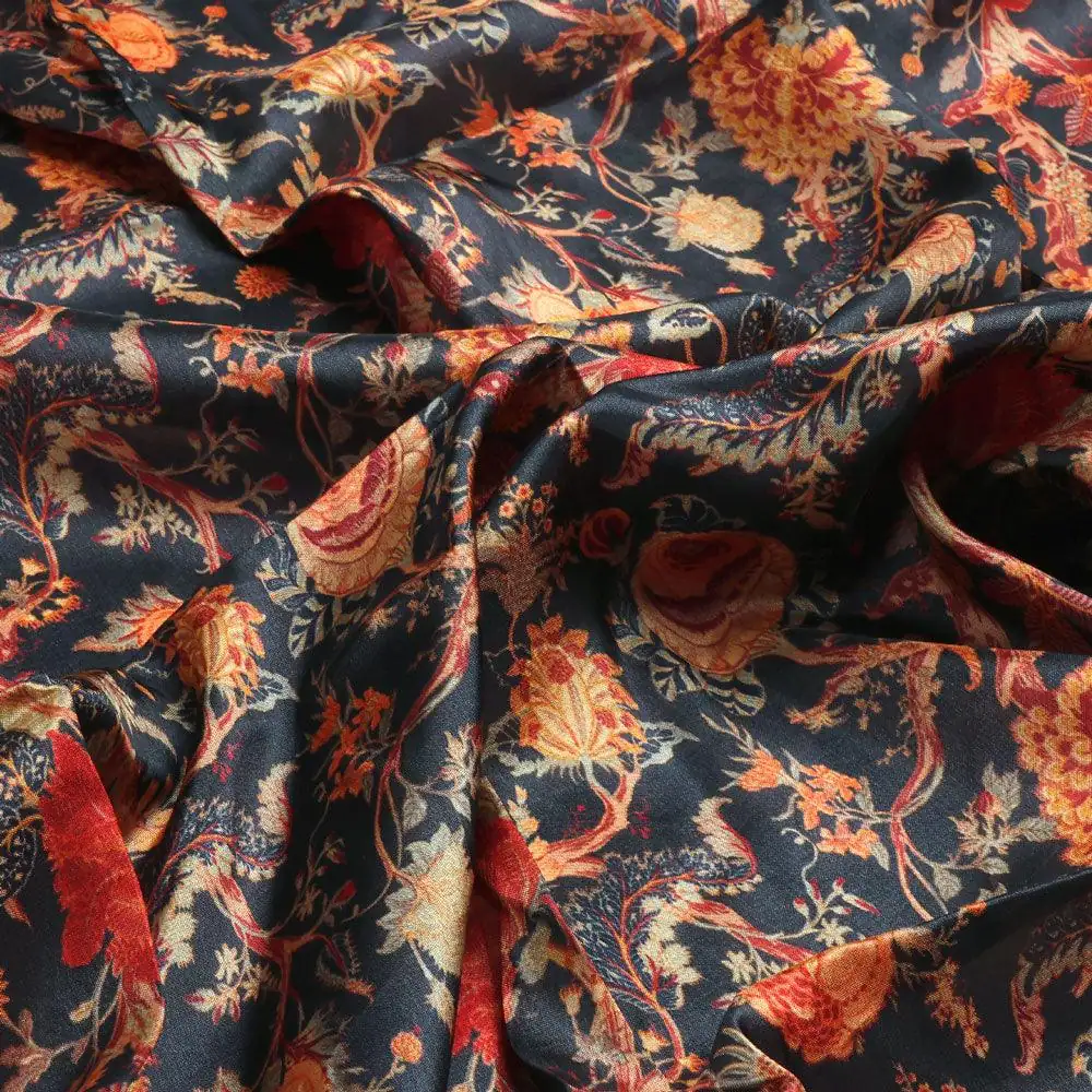Japanese Chinoiserie Natural Digital Printed Fabric - Upada Silk - Image 3