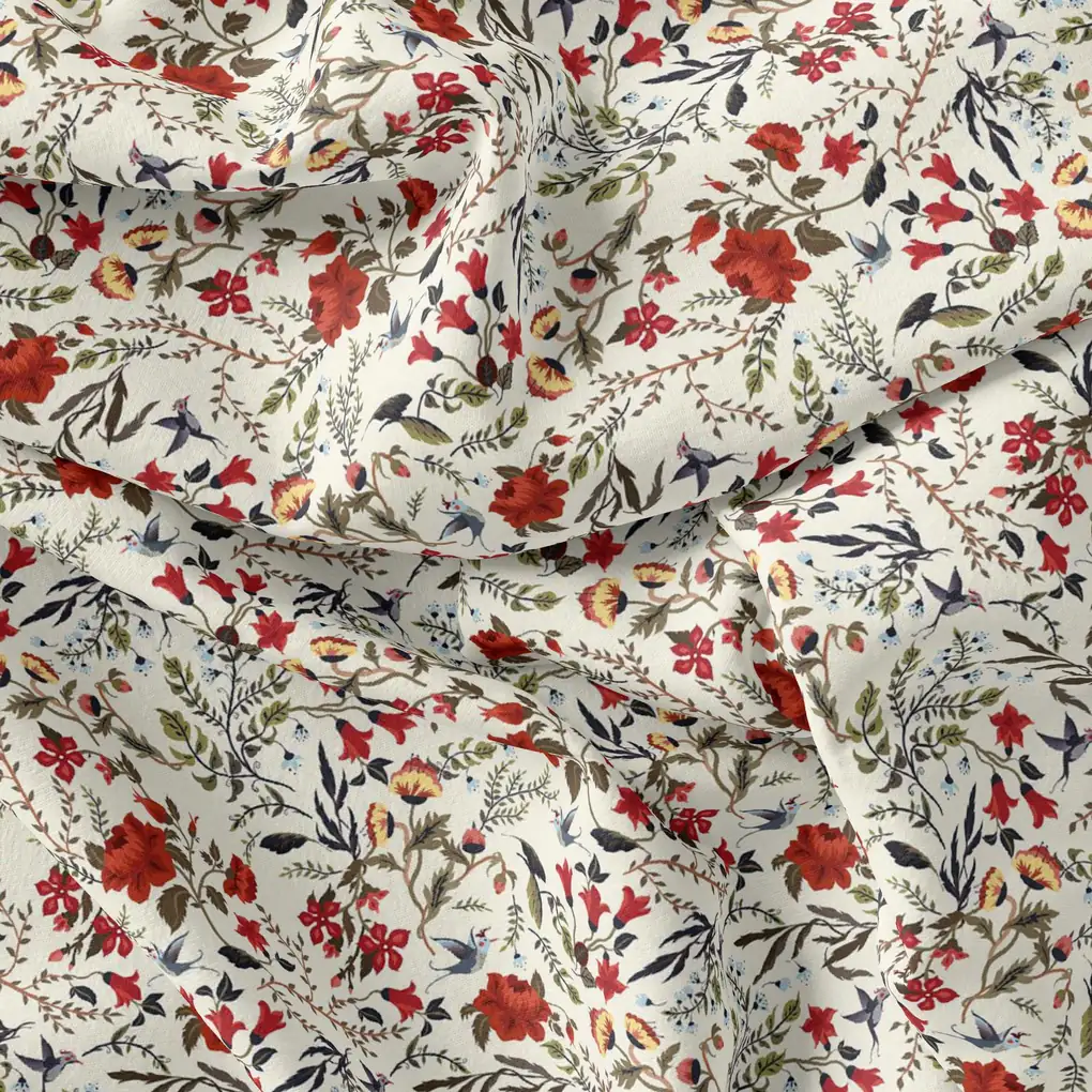 Jungle Wally Of Flower With Humming Bird Digital Printed Fabric - Japan Satin - Image 3