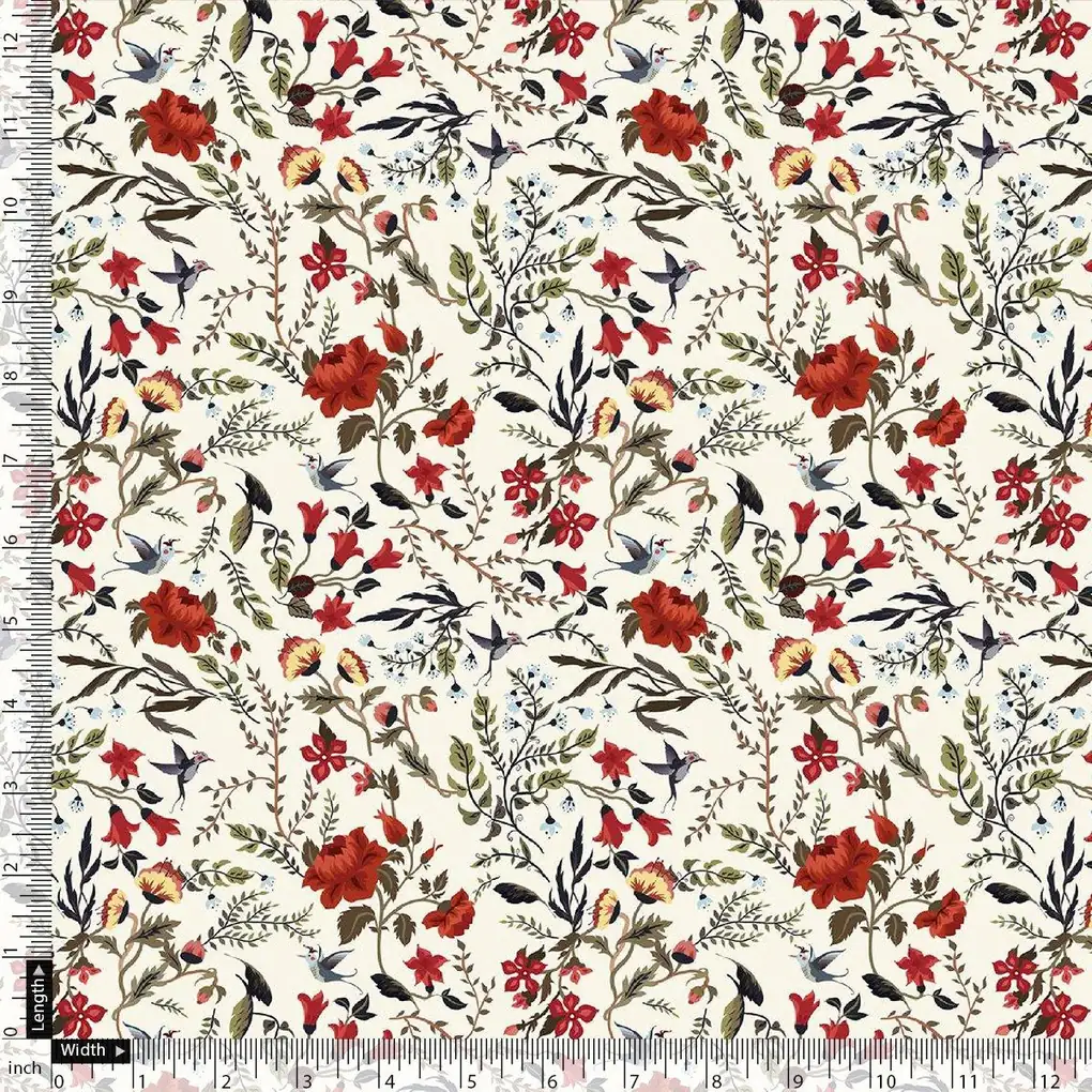 Jungle Wally Of Flower With Humming Bird Digital Printed Fabric - Japan Satin - Image 4