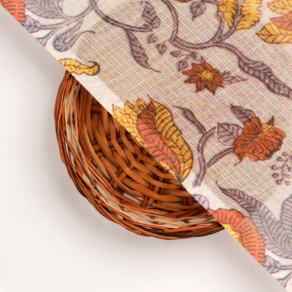 FAB VOGUE Studio Kota Doria Digital Printed Fabric - Beige & Orange Floral - Image 2
