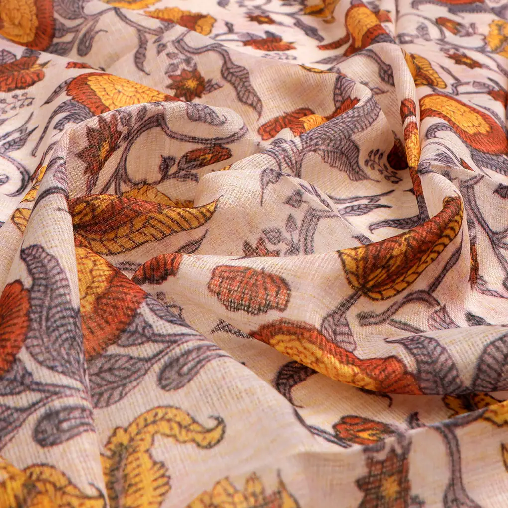 FAB VOGUE Studio Kota Doria Digital Printed Fabric - Beige & Orange Floral - Image 3