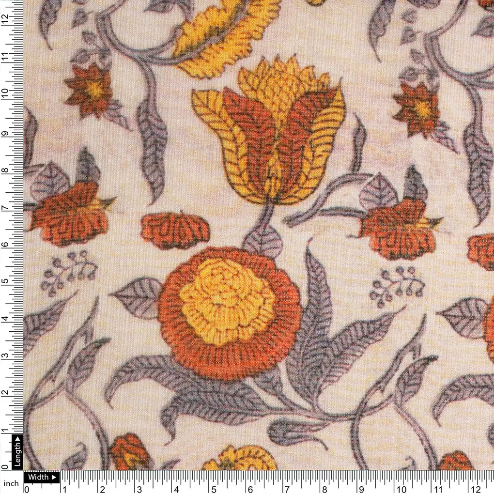 FAB VOGUE Studio Kota Doria Digital Printed Fabric - Beige & Orange Floral - Image 4