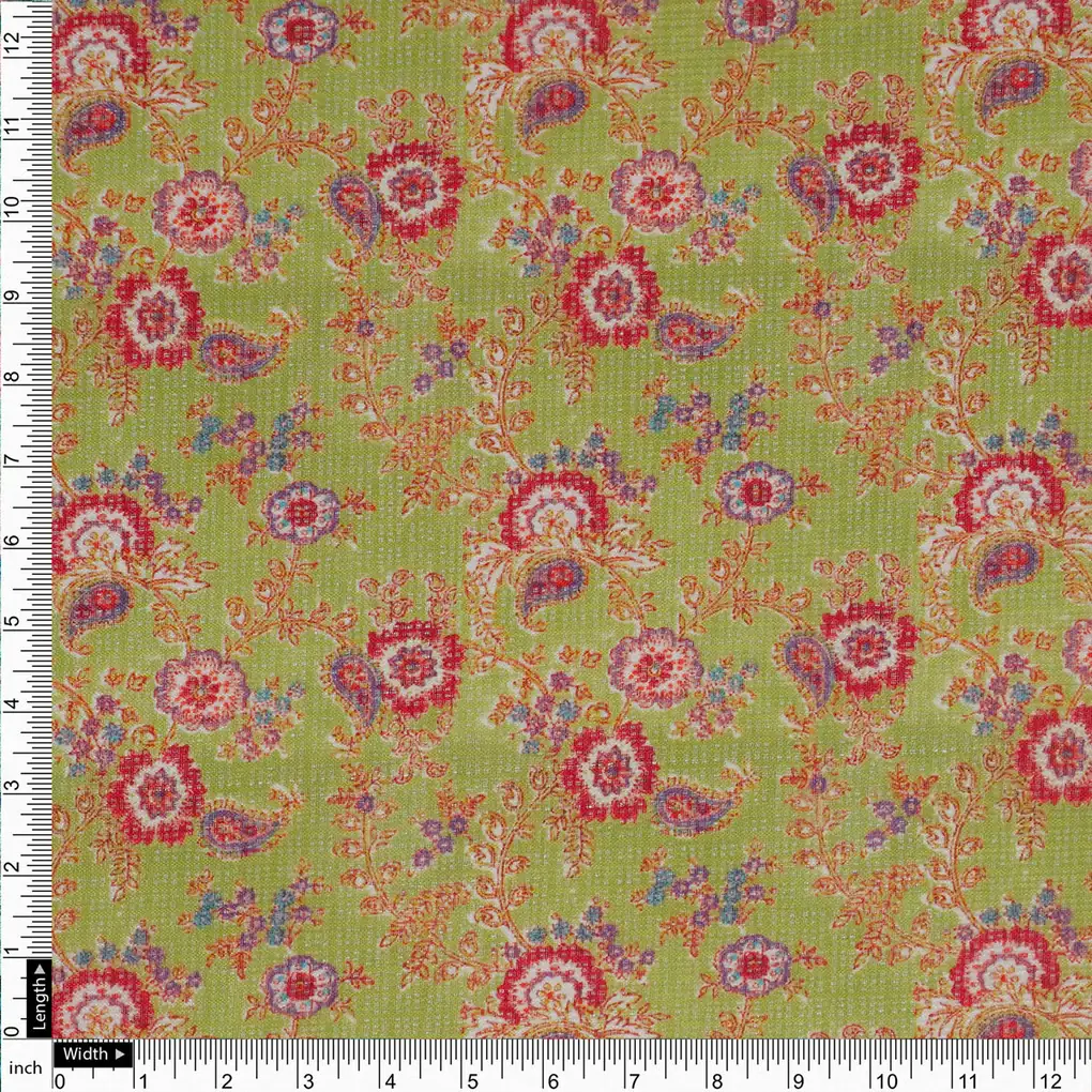 FAB VOGUE Studio Kota Doria Digital Printed Fabric - Green Floral - Image 4