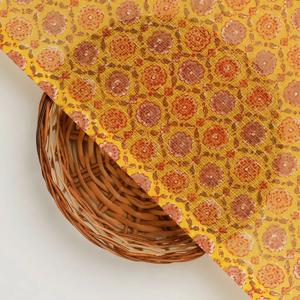 FAB VOGUE Studio Kota Doria Digital Printed Fabric - Mustard Yellow Floral - Image 2