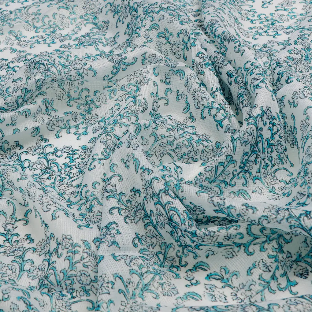FAB VOGUE Studio Kota Doria Digital Printed Fabric - Teal Floral - Image 3
