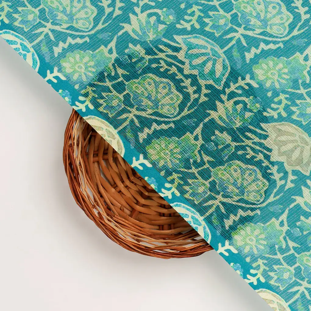 FAB VOGUE Studio Kota Doria Digital Printed Fabric - Teal Floral Pattern - Image 2