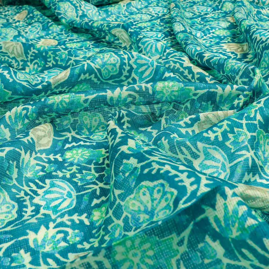 FAB VOGUE Studio Kota Doria Digital Printed Fabric - Teal Floral Pattern - Image 3
