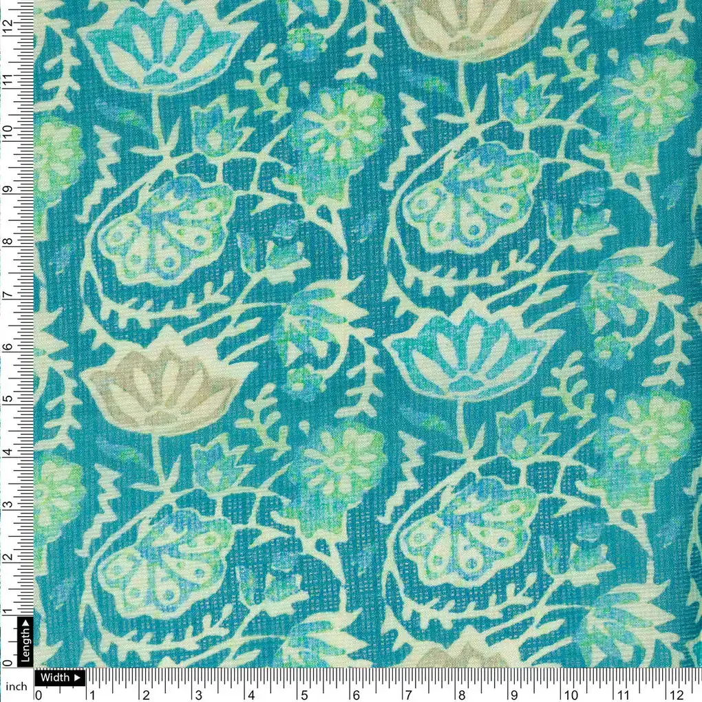 FAB VOGUE Studio Kota Doria Digital Printed Fabric - Teal Floral Pattern - Image 4