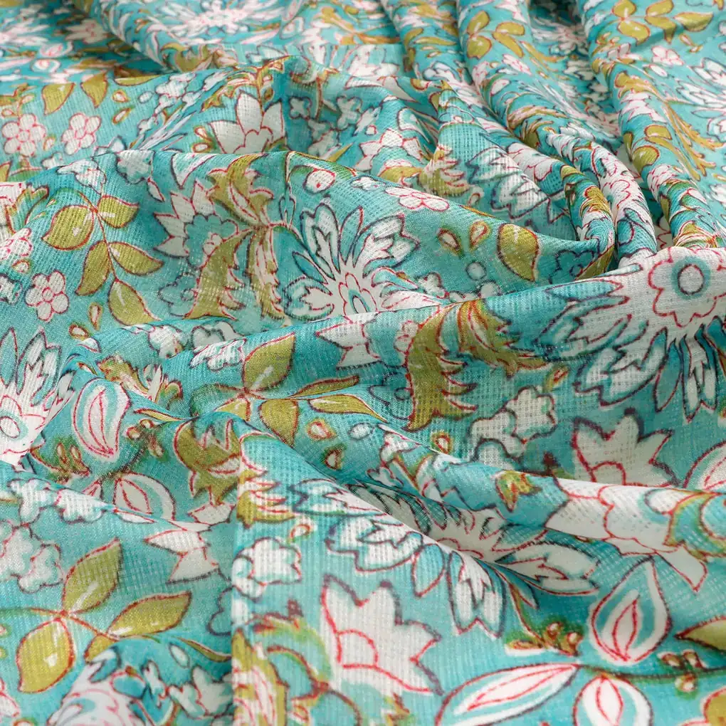 FAB VOGUE Studio Kota Doria Digital Printed Fabric - Turquoise Floral - Image 3