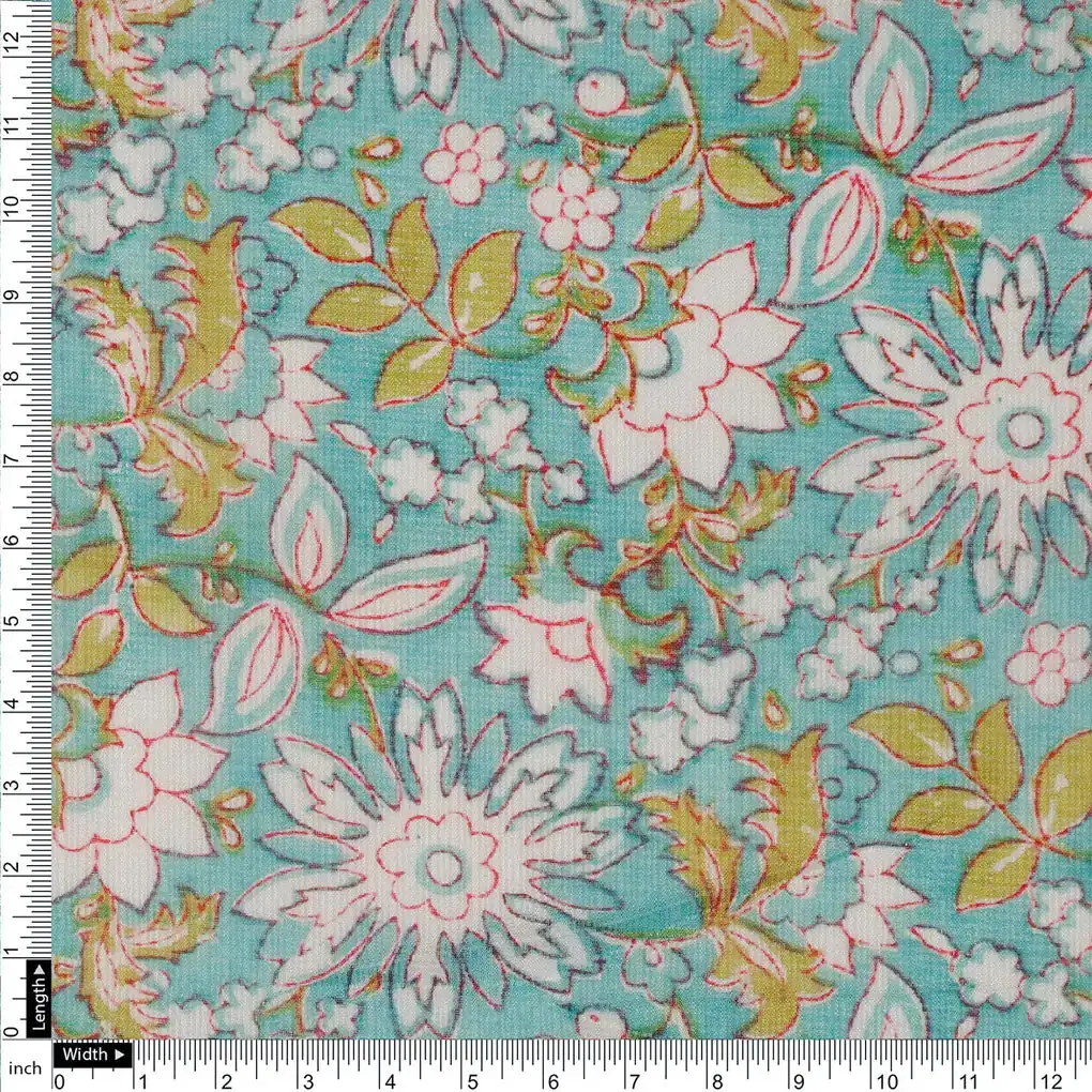 FAB VOGUE Studio Kota Doria Digital Printed Fabric - Turquoise Floral - Image 4