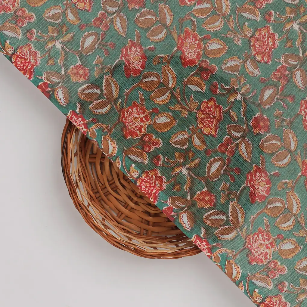 FAB VOGUE Studio Kota Doria Digital Printed Polyester Fabric - Green Floral - Image 2