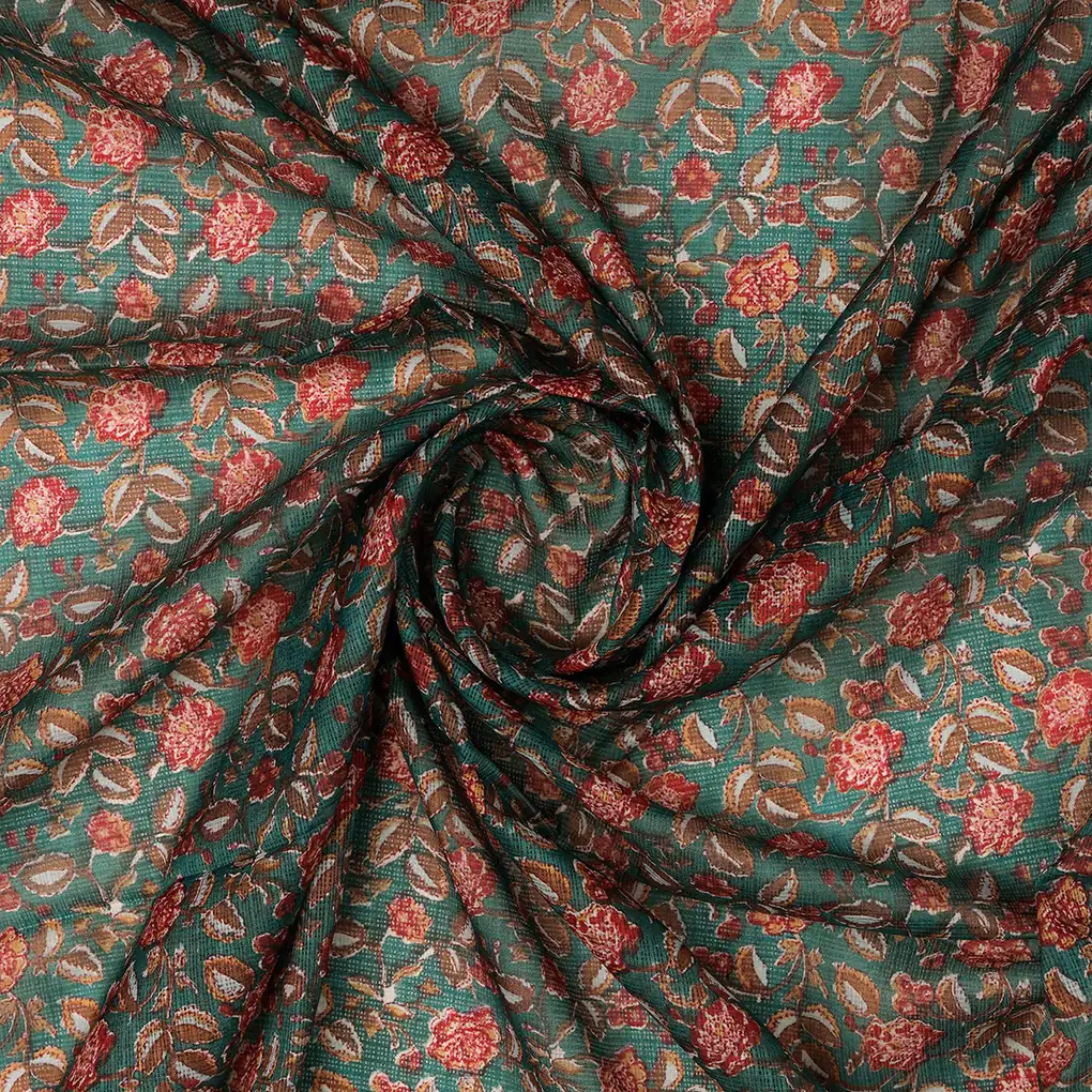 FAB VOGUE Studio Kota Doria Digital Printed Polyester Fabric - Green Floral - Image 3