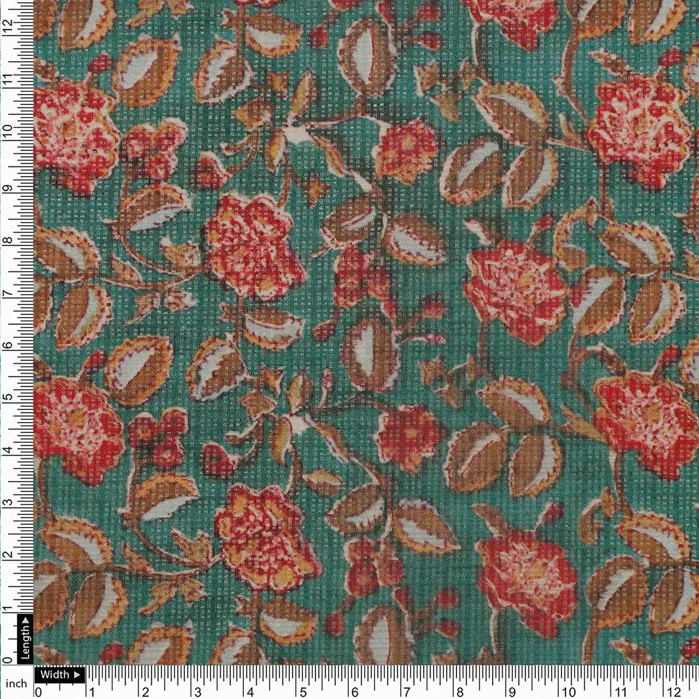 FAB VOGUE Studio Kota Doria Digital Printed Polyester Fabric - Green Floral - Image 4