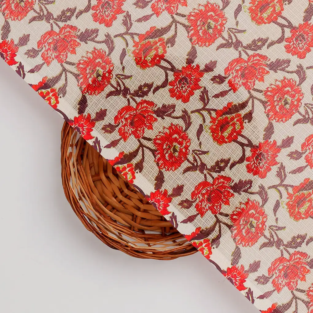 FAB VOGUE Studio -  Kota Doria Digital Printed  Polyester Fabric (Red Floral) - Sold by Meter - Image 2