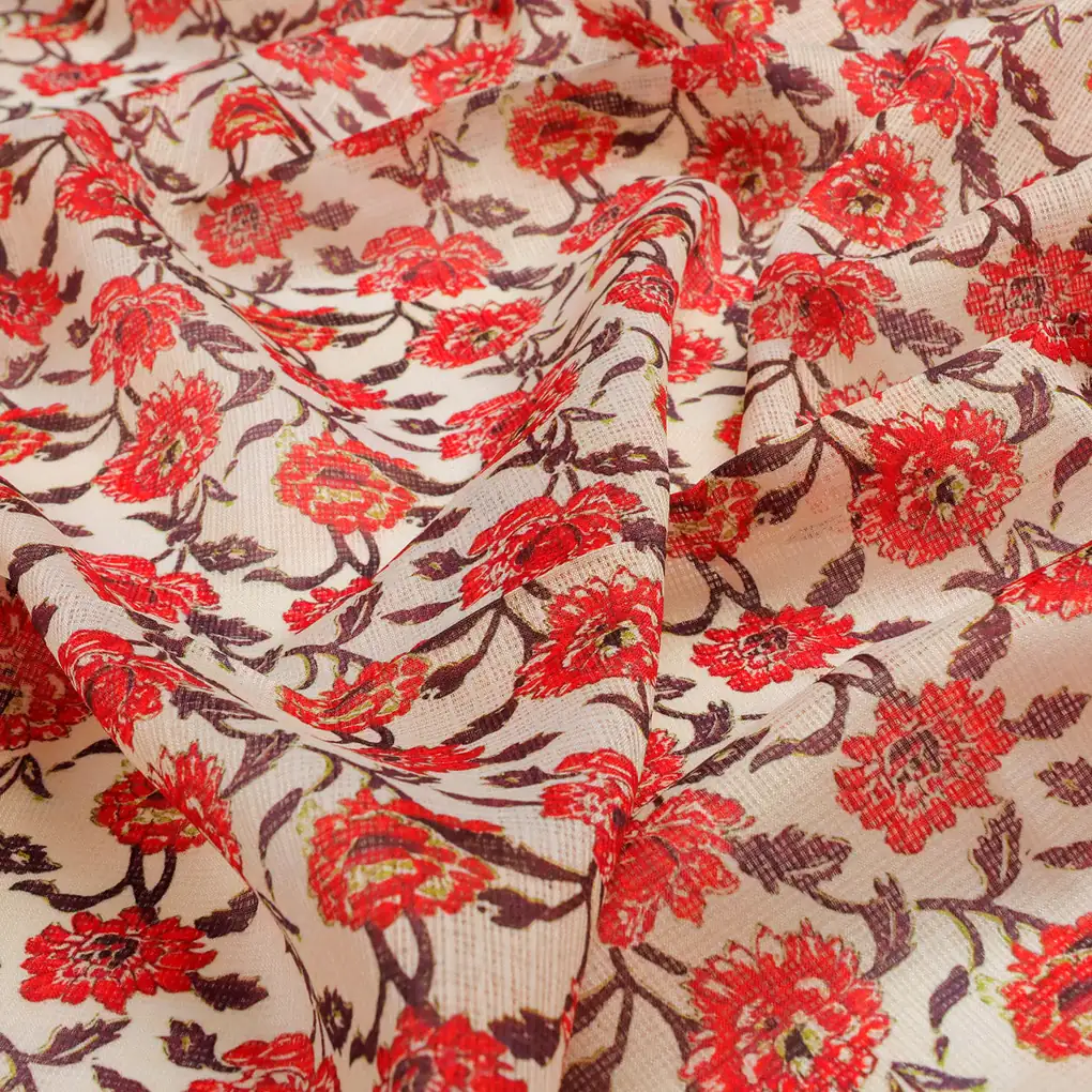 FAB VOGUE Studio -  Kota Doria Digital Printed  Polyester Fabric (Red Floral) - Sold by Meter - Image 3