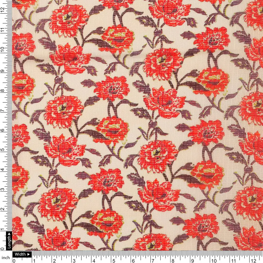 FAB VOGUE Studio -  Kota Doria Digital Printed  Polyester Fabric (Red Floral) - Sold by Meter - Image 4