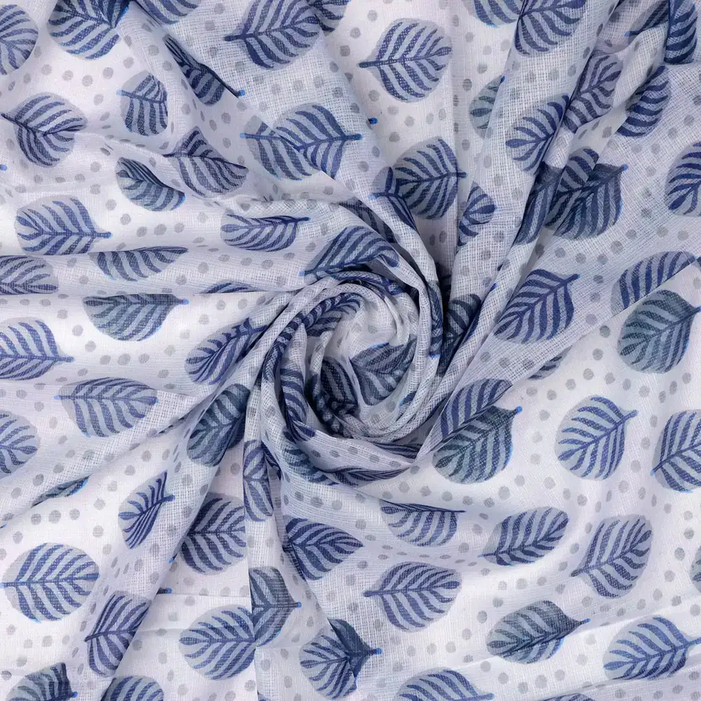 FAB VOGUE Studio - Kota Doria Digital Printed Polyester Fabric - White with Blue Leaves - Image 3