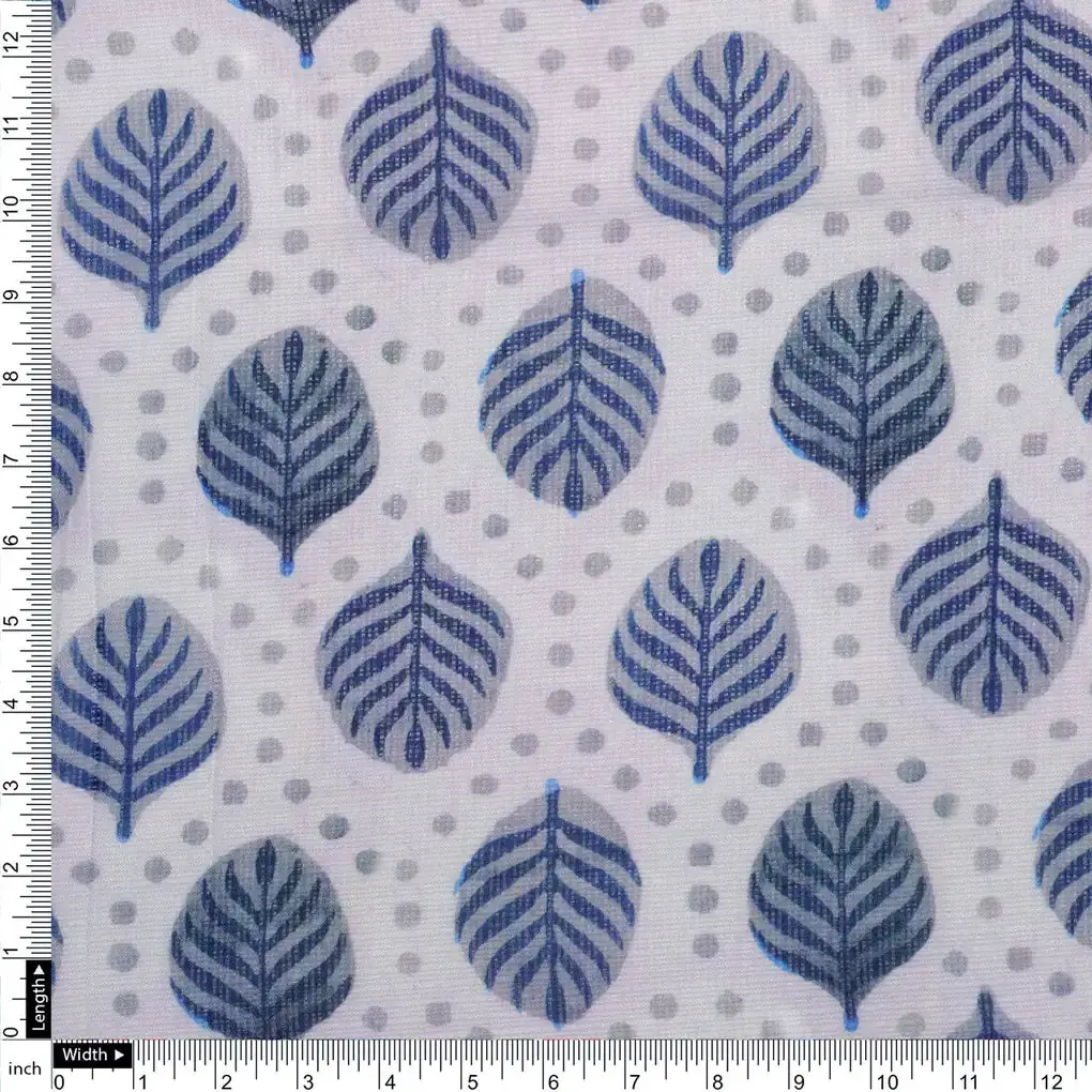 FAB VOGUE Studio - Kota Doria Digital Printed Polyester Fabric - White with Blue Leaves - Image 4