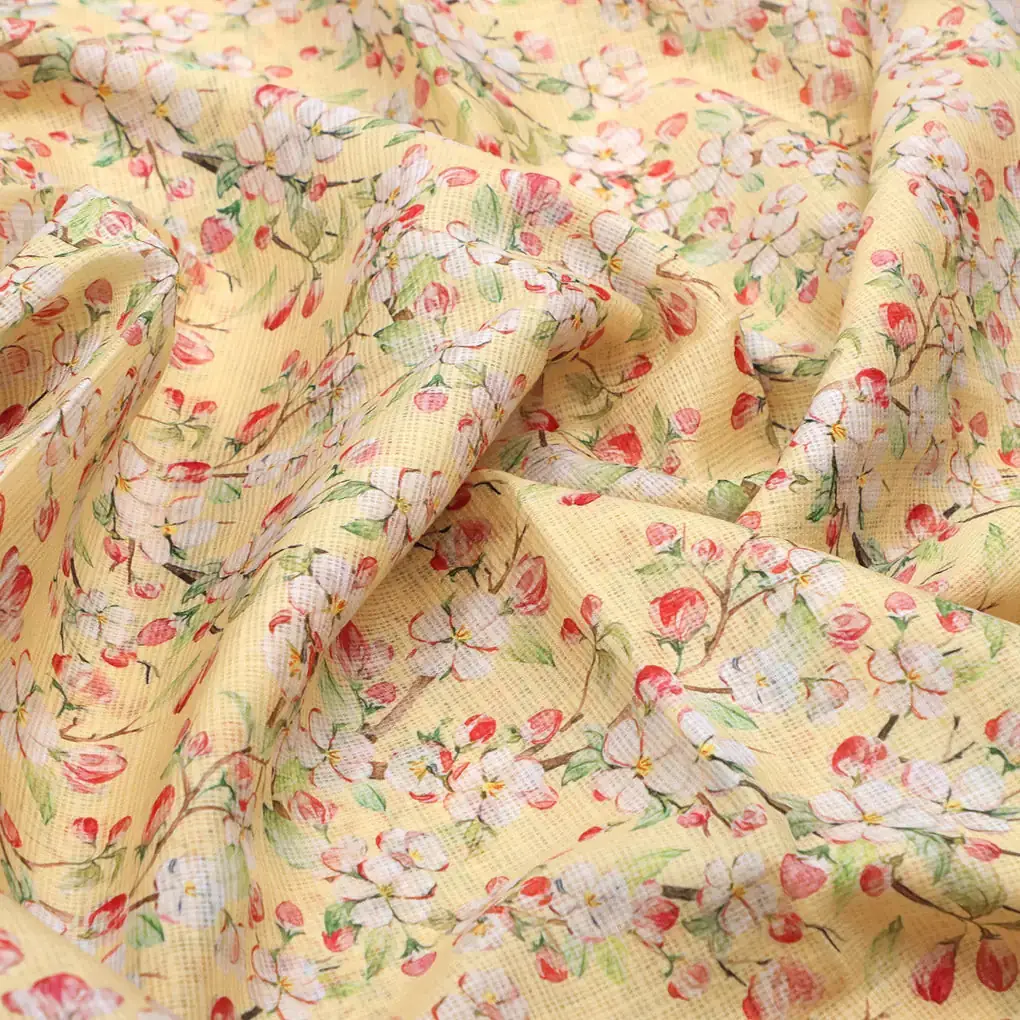 Kota Doria Fabric Material with Classy Floral Designs in Vibrant Yellow Color - Image 3