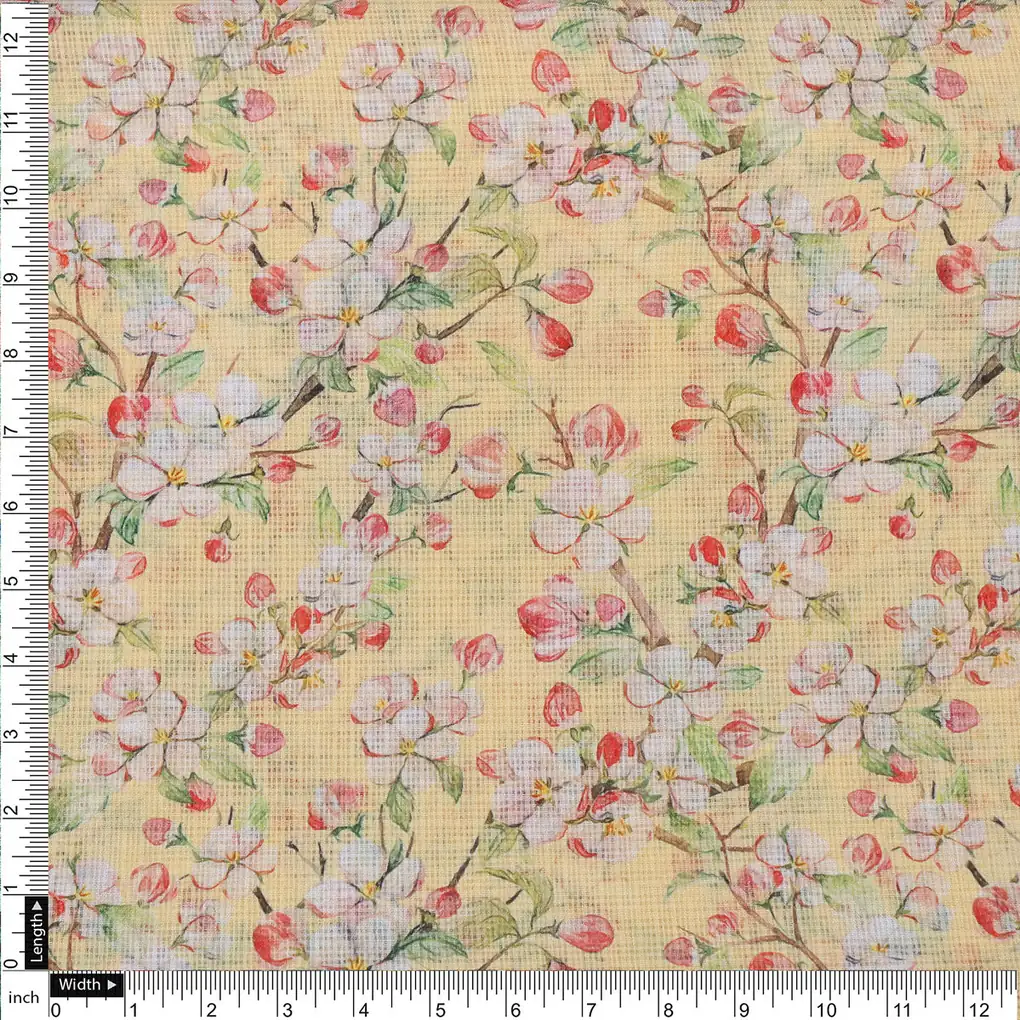 Kota Doria Fabric Material with Classy Floral Designs in Vibrant Yellow Color - Image 4