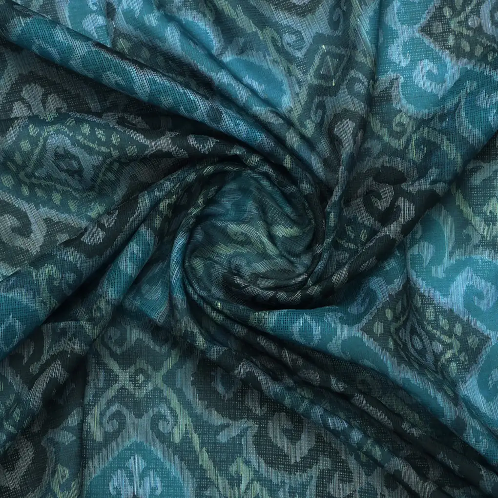 Kota Doria Fabric With Blue Print - Image 2
